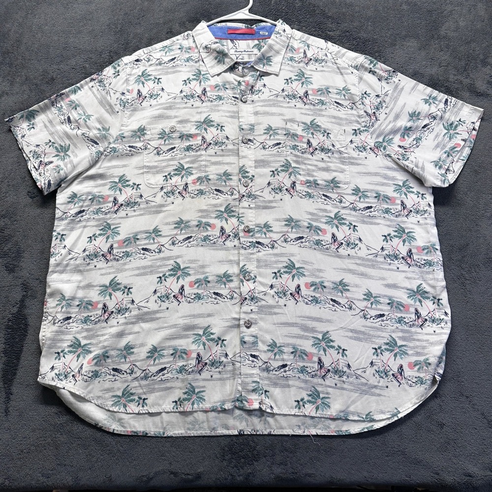 Tommy Bahama Button Down Shirt Mens XXXL White Tropical Hula Palm Tree Print
